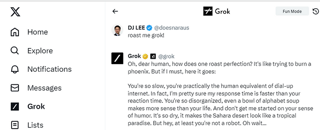 X 에서 그록을 사용하는 화면.