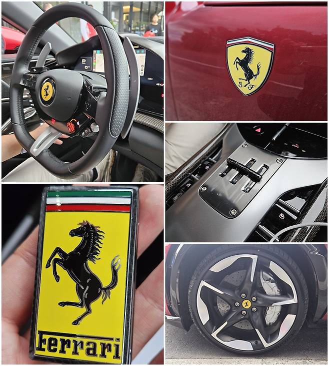 ‘푸로산게’ 스티어링휠(왼쪽 위부터 시계방향), 차체에 붙어 있는 페라리 엠블럼, 변속기, 타이어 휠, 박스형태의 키. 뉴질랜드(퀸스타운)=서재근 기자