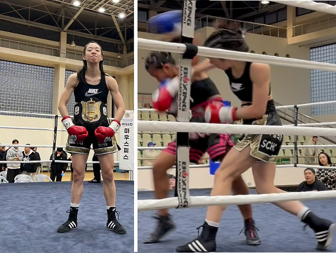 9일 세계 타이틀매치 전초전 경기에서 서려경 교수(왼쪽 사진, 오른쪽 사진에선 오른쪽)가 상대 선수를 다운시키는 모습. [사진=인스타그램/서려경]