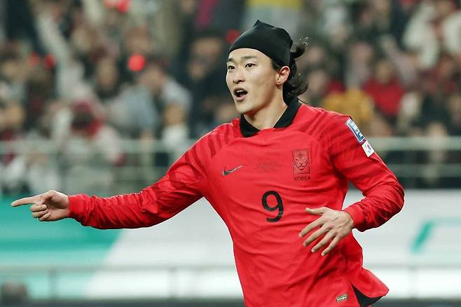 16일 서울 마포구 서울월드컵경기장에서 열린 2026 FIFA 북중미 월드컵 아시아 지역 2차 예선 C조 조별리그 대한민국과 싱가포르의 경기에서 조규성이 첫 골을 성공시킨 뒤 기뻐하고 있다. 2023.11.16/뉴스1 ⓒ News1 민경석 기자 /사진=뉴스1