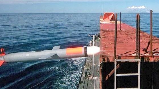 대함 능력을 위한 토마호크 순항미사일 신형 유도부 시험 장면. 사진 미 해군