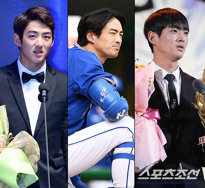 2014년 상무시절의 구자욱(왼쪽), 시즌 중 수염 기르는 구자욱(가운데), 올해 골든글러브를 받은 구자욱(오른쪽). 정재근 기자 cjg@sportschosun.com