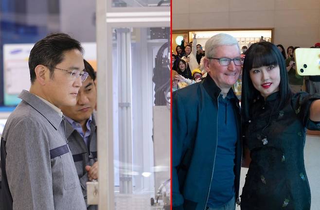 3년 만에 중국 출장에 나선 이재용 삼성전자 회장이 지난 24일 중국 톈진에 있는 삼성전기 공장을 둘러보고 있는 모습(왼쪽 사진). 전날 베이징에 도착한 이 회장은 가급적 자신의 동선을 공개하지 않는 로키(low-key) 행보를 보였다. 반면 팀 쿡 애플 CEO는 지난 24일 베이징시 번화가 싼리툰에 있는 애플 매장을 찾아 현지 고객들과 셀카를 찍고 이를 웨이보(중국판 트위터)에 올리는 등 같은 기간 중국을 방문한 두 사람이 상반된 행보를 보이고 있다는 지적이 나온다./연합뉴스· 웨이보