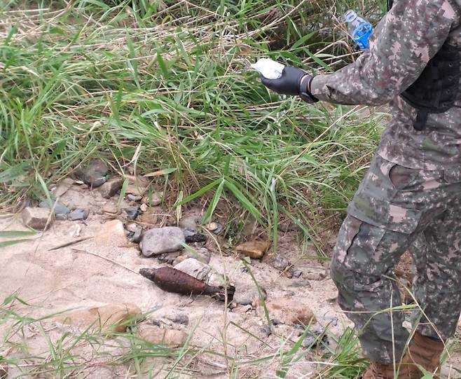 지난 9월 25일 오전 충북 옥천군 옥천읍 옥각리 서하천에서 육군 폭발물 처리반(EOD)이  81㎜ 크기의 박격포탄 1개를 수거하고 있다. /사진제공=뉴시스(옥천소방서 제공). 사진은 기사 내용과 관련 없습니다.