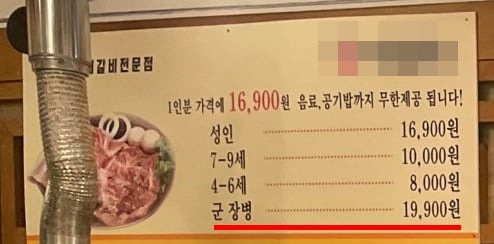 군 장병은 1만9900원을 받는 무한리필 숯불갈비 식당 메뉴판. [온라인 커뮤니티]