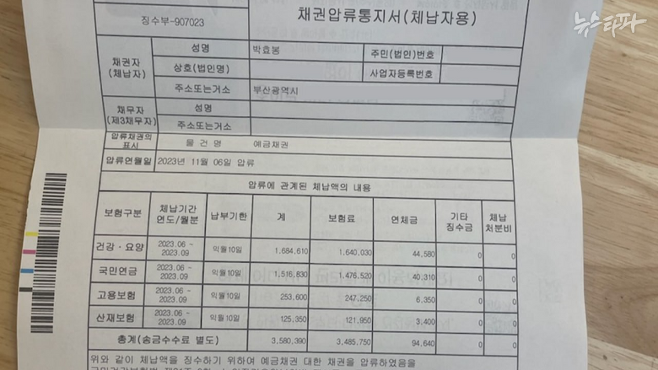▲ 박효봉 씨가 국민건강보험공단으로부터 받은 압류통지서. 4개월간 연체된 보험료 348만 원 때문에 통장이 압류됐다.