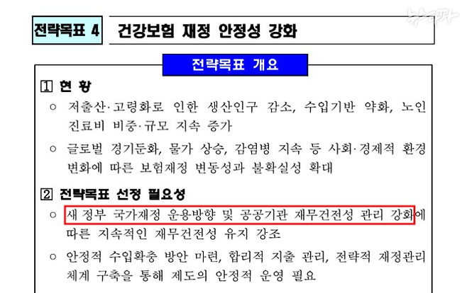 ▲국민건강보험공단이 2022년 10월에 작성한 ‘2023-2027년 중장기 경영목표안’ 일부. 윤석열 정부 기조에 맞춰 ‘건강보험 재정 안정성 강화’라는 전략목표를 선정했다고 나와 있다.