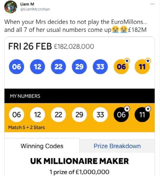 당첨된 복권의 숫자. [리암 맥크로한 X(액스·옛 트위터)]