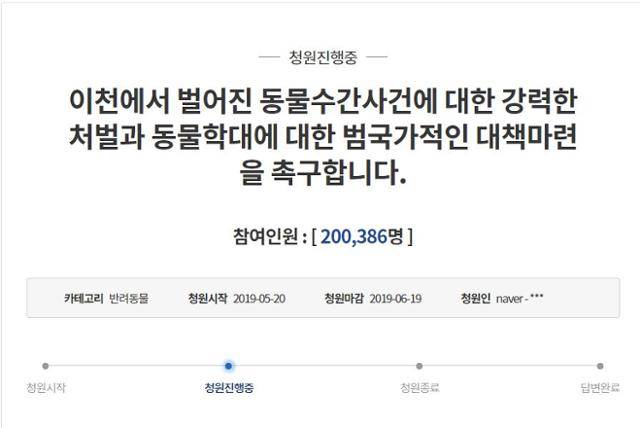2019년 경기 이천시에서 벌어진 동물 성학대자에 대한 엄벌과 재발 방치 대책을 요구하는 청와대 국민 청원에 20만 명 이상이 참여했다. 국민청원 홈페이지 캡처