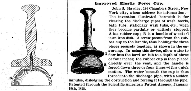 (왼쪽) 1875년 특허 출원한 최초의 플런저. 특허  번호 US158937A. 최초 특허 서류에서는 Vent-Clearers for Wash-Bowls(세면대용 배수구 청소기)였다. 이후 존 S. 홀리는 탄성력 컵이라는 덜 직관적이고 더 멋있는 이름으로 개명한다. [사진 출처=특허 검색플랫폼 Espacenet]
(오른쪽) 사이언티픽 아메리칸 1875년 5월호(Scientific American Volume 32 Number 21)에 실린 탄성력 컵 관련 특허 정보. [사진 출처=비영리 단체 Internet Archive]