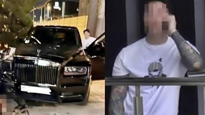 사고를 낸 롤스로이스 차량과 운전자 [사진출처=카라큘라탐정사무소 갈무리]