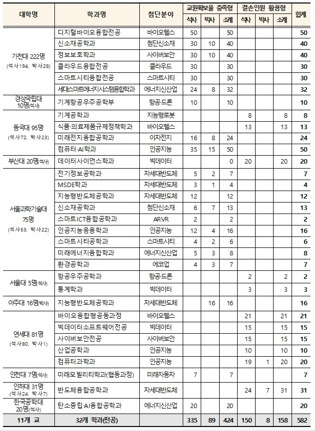 2024학년도 대학원 첨단분야 정원 증원 현황. (교육부 제공)