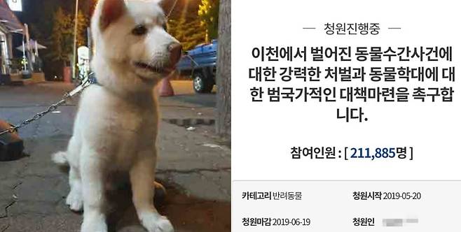 2019년 경기도 이천에서 길에 묶여 있던 강아지가 20대 남성에게 성기로 상해를 당하는 사건이 벌어졌다. 당시 청와대 국민청원 게시판에는 학대자 처벌을 요구하는 게시글이 올라와 20만 건 넘는 시민 동의를 받았다. /뉴스1
