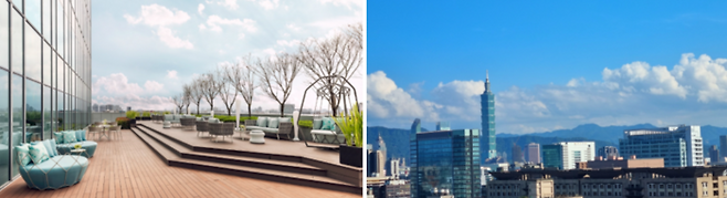 (좌)14층 드리프트 바 야외 테라스 / 사진=코트야드 메리어트 타이베이 다운타운 제공 (우) 야외 테라스 전망 / 사진=김혜성 여행+ 기자