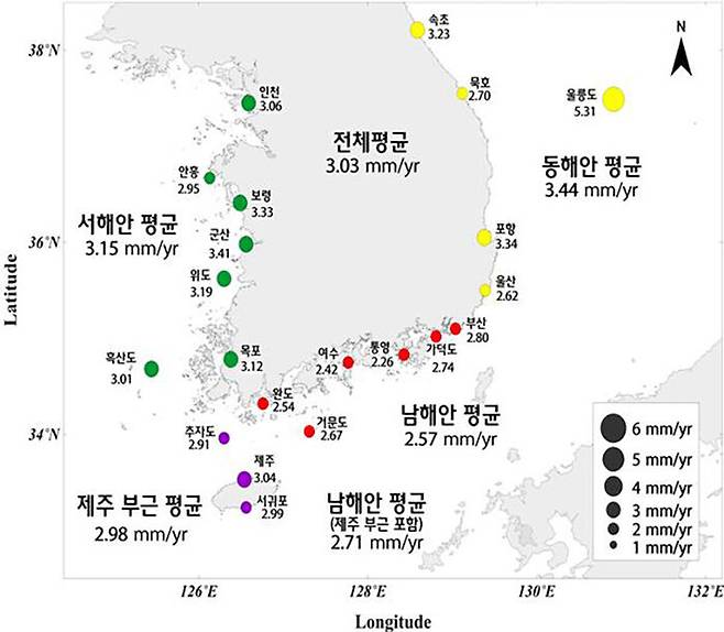 최근 34년간 해수면 상승 분포도