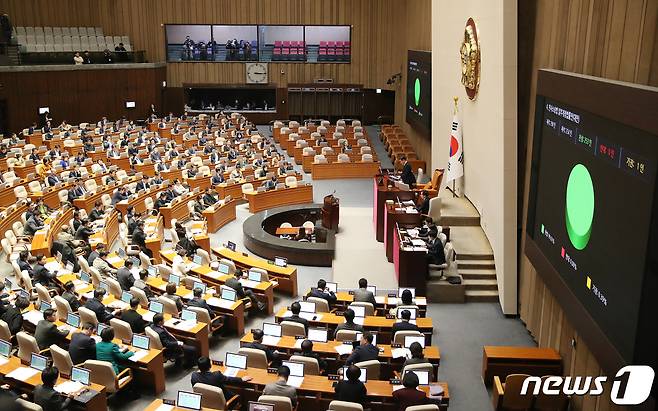 20일 오후 서울 여의도 국회 본회의장에서 열린 제411회국회(임시회) 제1차 본회의. 2023.12.20/뉴스1 ⓒ News1 임세영 기자