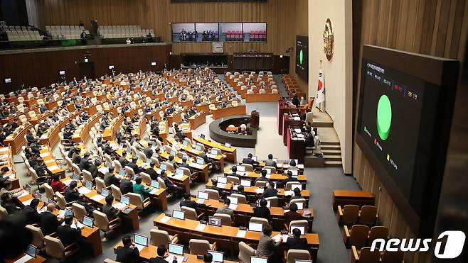 20일 오후 서울 여의도 국회 본회의장에서 열린 제411회국회(임시회) 제1차 본회의. 2023.12.20/뉴스1 ⓒ News1 임세영 기자