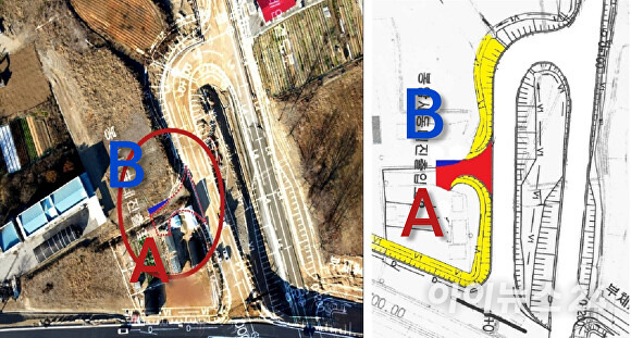 세종시 봉암리 입체교차로의 램프구간에 난 폭 6m 진출입도로(빨간색· 파란색 부분) 빨간색 부분의 땅 주인은 진출입도로가 필요 없으면서도 40평을 강제수용 당했다며 감사원에 국민감사를 청구했다. [사진=지승곤 기자]