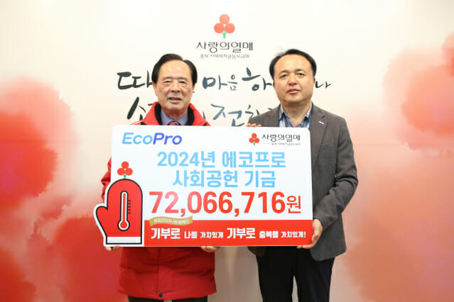 에코프로는 지난 20일 충북 사회복지공동모금회를 방문해 연말 이웃사랑 성금 약 7천200만원을 기부했다. 최형익 에코프로 CSR추진팀 이사(오른쪽)와 이민성 충북 사회복지공동모금회 회장이 기념 촬영을 하고 있다.