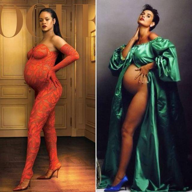 패션 칼럼니스트 에반 로스 카츠가 "2022년 5월 보그 미국판의 리아나, 1991년 8월 베니티 페어의 데미 무어. 두 사진 모두 사진작가 애니 레이보비츠가 촬영했다"는 글과 함께 올린 인스타그램 사진.