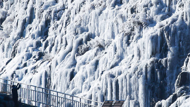 21일 대구 달성군 옥포읍 옥연지 송해공원 계곡에 거대한 빙벽이 장관을 이루고 있다. 뉴스1