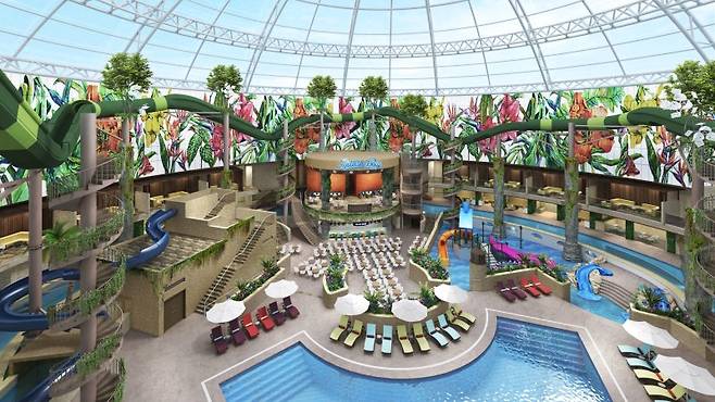 사계절 내내 여름의 따듯함을 만끽할 수 있는 유리돔 형태의 실내 워터파크 '스플래시 베이' 전경.