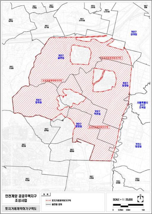 인천시가 인천 계양구의 귤현·동양·박촌·병방·상야·방축동 일원 8.40㎢, 4천502필지의 토지거래허가구역을 오는 26일부로 해제한다. (사진은 계양TV 및 인근지역 해제도면.) 인천시 제공