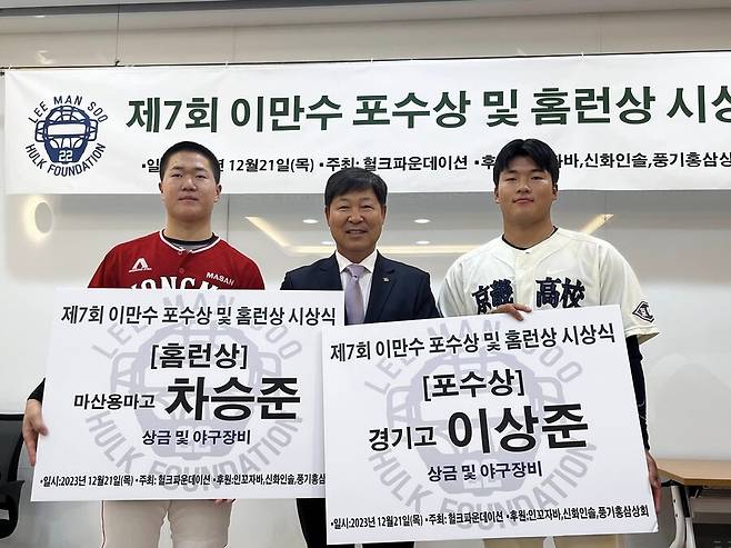 ▲ 이만수 포수상 홈런상 수상자들. 왼쪽 차승준(마산용마고2) 오른쪽 이상준(경기고3, KIA 입단 예정) ⓒ 헐크파운데이션