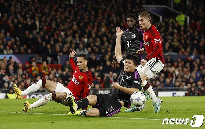 독일 바이에른 뮌헨의 김민재가 12일 (현지시간) 영국 맨체스터의 올드 트래퍼드에서 열린 UEFA 챔피언스리그 조별 리그 맨체스터 유나이티드와 경기서 몸을 던지며 상대 선수 안토니와 볼을 다투고 있다. 2023.12.13 ⓒ 로이터=뉴스1 ⓒ News1 우동명 기자