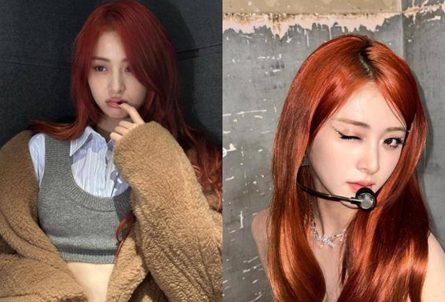 허윤진은 오렌지 빛이 섞인 레드쿠퍼 컬러로 이미지 변신을 했다. 허윤진 SNS