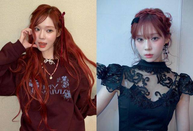 윈터는 레드 컬러에 브라운 느낌이 더해진 레드 브라운 컬러의 헤어를 선보였다. 윈터 SNS
