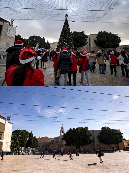 요르단강 서안지구 베들레헴 예수탄생교회 밖 구유 광장이 지난해 12월24일(위)에는 산타 복장을 한 관광객들로 가득한 반면, 올해 12월20일에는 크리스마스 트리도 없이 한적한 모습이다. 베들레헴=AFP연합뉴스