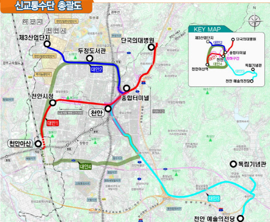 26일 '천안시 대중교통체계 개편을 위한 신교통수단 도입' 공청회에서 공개된 신교통수단 총괄도. 사진=천안시 제공