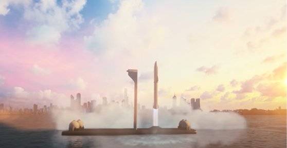 스페이스X는 화성 우주선용 스타십의 궤도비행을 이용해 지구 반대편 도시를 30~40분만에 가는 로켓 여객기를 구상하고 있다. 발사장은 도시에서 가까우면서도 소음 피해 등을 줄일 수 있는 해상발사로 계획하고 있다. [사진 스페이스X]