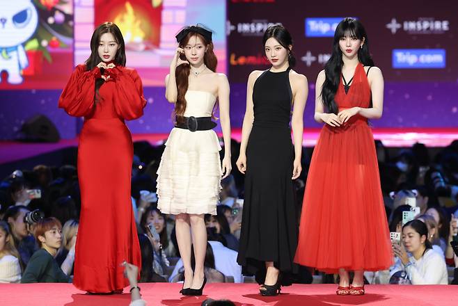 From left: Aespa members Giselle, Winter, Ningning and Karina pose for a photo at the "SBS Gayo Daejeon 2023," held at the Inspire Arena in Incheon, Monday. (Yonhap)