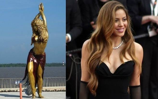 콜롬비아 바랑키야에 세워진 6.5m 샤키라 동상(왼쪽). 연합뉴스