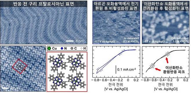 전해질 용액 안에서 관찰한 구리 프탈로시아닌 유기 촉매 박막의 표면 분자 구조. KAIST