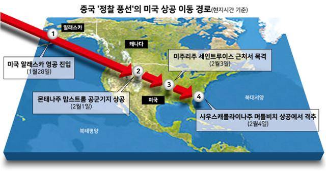 중국 '정찰 풍선'의 미국 상공 이동 경로. 그래픽=강준구 기자