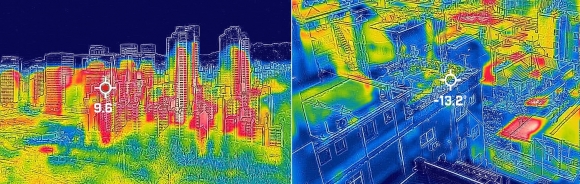 열화상 카메라로 마포구 상암동의 아파트단지와 용산구 동자동 쪽방촌을 촬영한 결과 건물외부 기온이 20도가 넘게 차이가 났다. 사진 왼쪽은 마포구 상암동의 아파트단지 오른쪽은 용산구 동자동 쪽방촌. 열화상 카메라로 촬영한 사진은 온도가 높을수록 붉은색, 낮을수록 푸른색을 나타낸다. 2023.1.25 홍윤기 기자