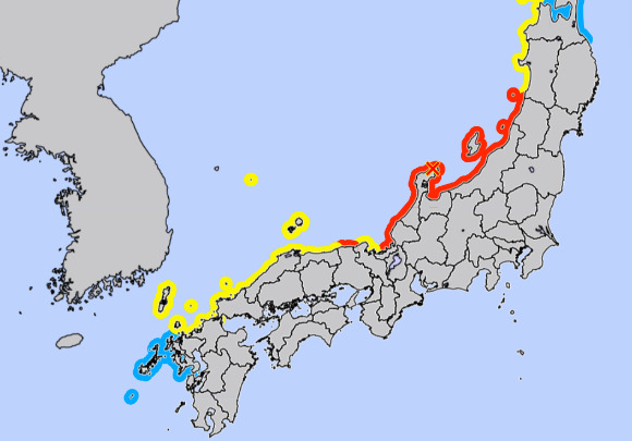일본 기상청 쓰나미 주의보 지역에 독도 포함. [사진=일본 기상청 홈페이지 캡처]