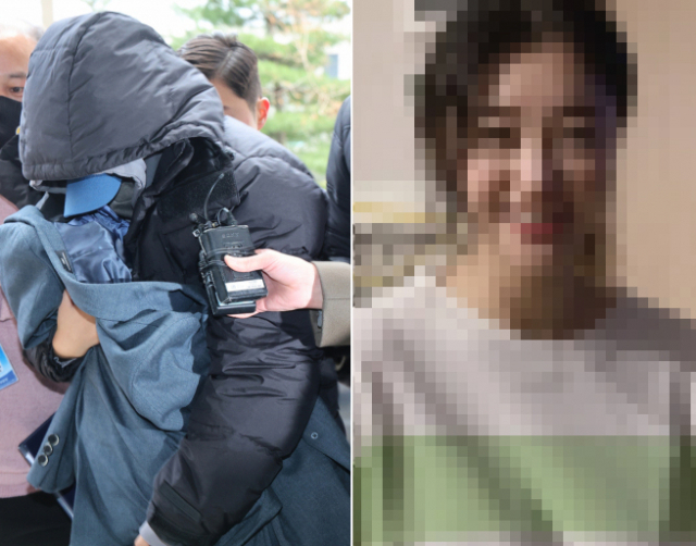 유흥업소 여실장과 함께 배우 고 이선균씨를 협박해 금품을 뜯은 혐의를 받는 20대 여성이 지난 달 28일 오후 인천시 미추홀구 인천지법에서 열린 구속 전 피의자 심문(영장실질심사)에 출석하고 있는 모습(왼쪽). 온라인 상에 공개된 그의 얼굴 사진. [연합뉴스·유튜브 '카라큘라 범죄연구소' 캡처]