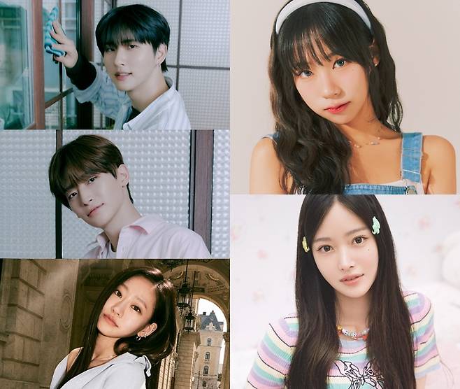 왼쪽부터 시계방향으로 크래비티 우빈, 퍼플키스 도시, 하이키 서이, 키스오브라이프 쥴리, 크래비티 정모. 각 소속사 제공