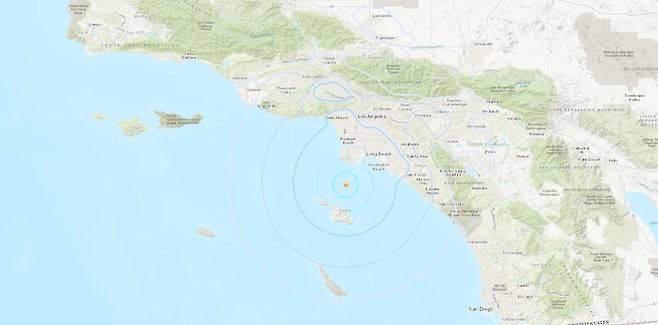 1일(현지시간) 미국 로스앤젤레스 앞바다에서 발생한 규모 4.1 지진의 진앙을 표시한 지도. (출처 : 미국 지질조사국) 2024.01.01/