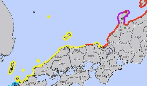 일본 기상청 쓰나미 주의보 지역에 독도 포함해 표시[일본 기상청 홈피 캡처]