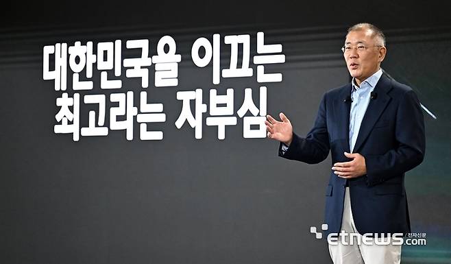 2024 현대자동차그룹 신년회가 3일 경기 광명시 오토랜드 광명에서 열렸다. 정의선 회장이 신년사를 하고 있다. 이동근기자 foto@etnews.com