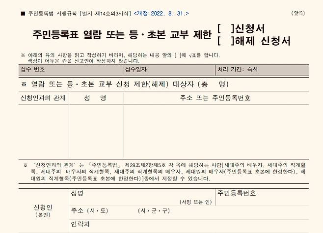 주민등록표 열람 또는 등초본 교부 제한 신청서 양식.