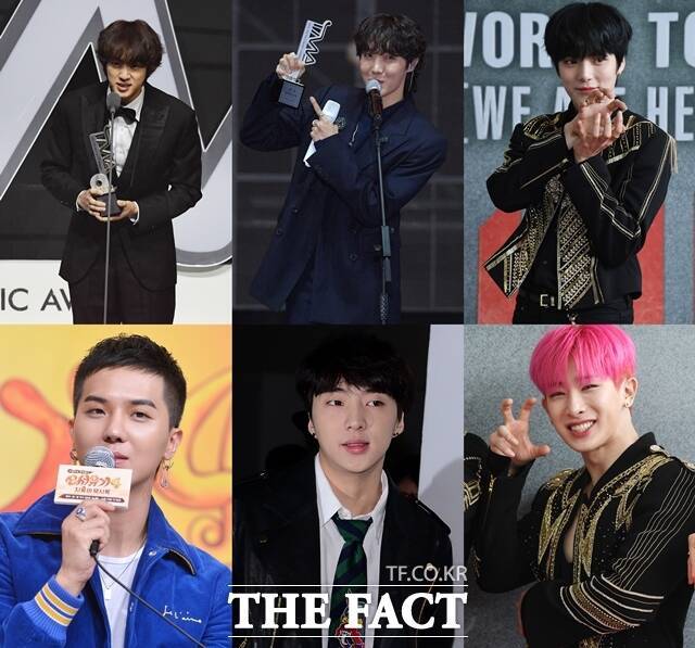 그룹 방탄소년단 진 제이홉, 몬스타엑스 민혁 원호, 위너 강승윤 송민호(왼쪽 위부터 시계방향)가 2024년 군 복무를 마친다. /더팩트 DB