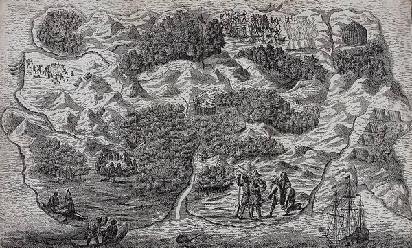 로빈슨 크루소가 살았던 무인도에서 벌어진 여러 사건과 텐트 거주지 등을 한 그림에 그려 넣었다. 이 삽화 가운데를 보면, 농장에서 앵무새 폴이 “불쌍한 로빈”이라고 소리치고 있다.