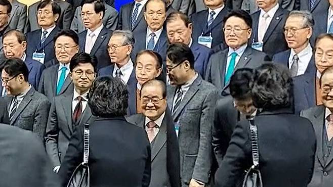 6일 김대중(DJ) 전 대통령 탄생 100주년 기념식에서 한동훈 국민의힘 비상대책위원장이 문재인 전 대통령 부인 김정숙 여사에게 인사하고 있다. /온라인 커뮤니티