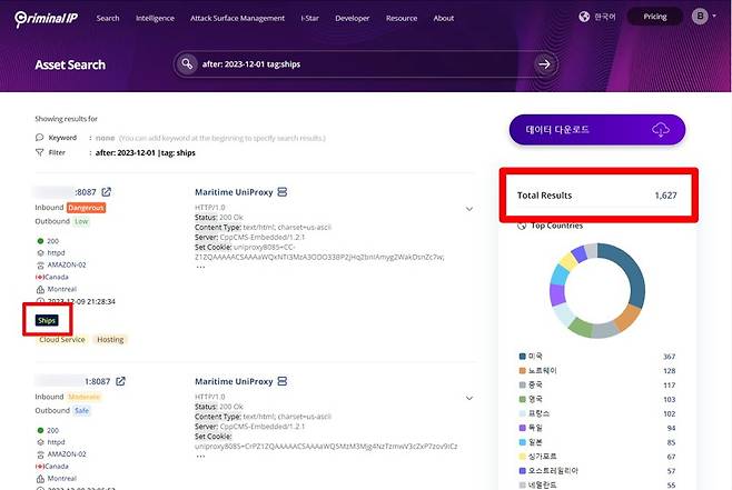 사이버 위협 인텔리전스 Criminal IP에서 검색한 공격 표면에 노출된 선박 관련 시스템 및 장치.(에이아이스페라 제공)